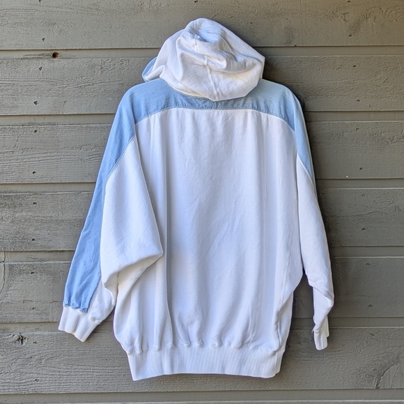 VTG 80s LizWear Oversized Hoodie Sweatshirt White Chambray Blue Medium - Picture 4 of 7